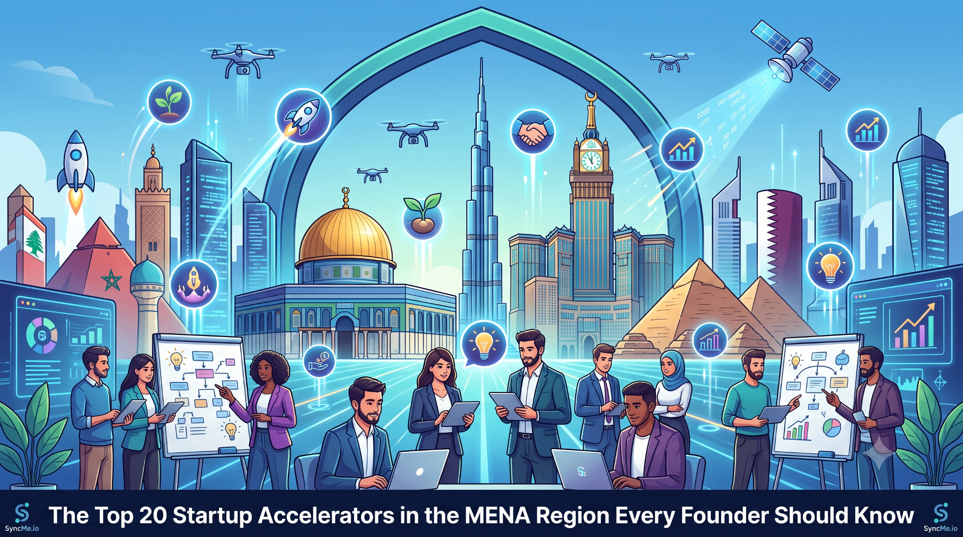 Abstract illustration of MENA cities and rocket trails representing startup accelerators.